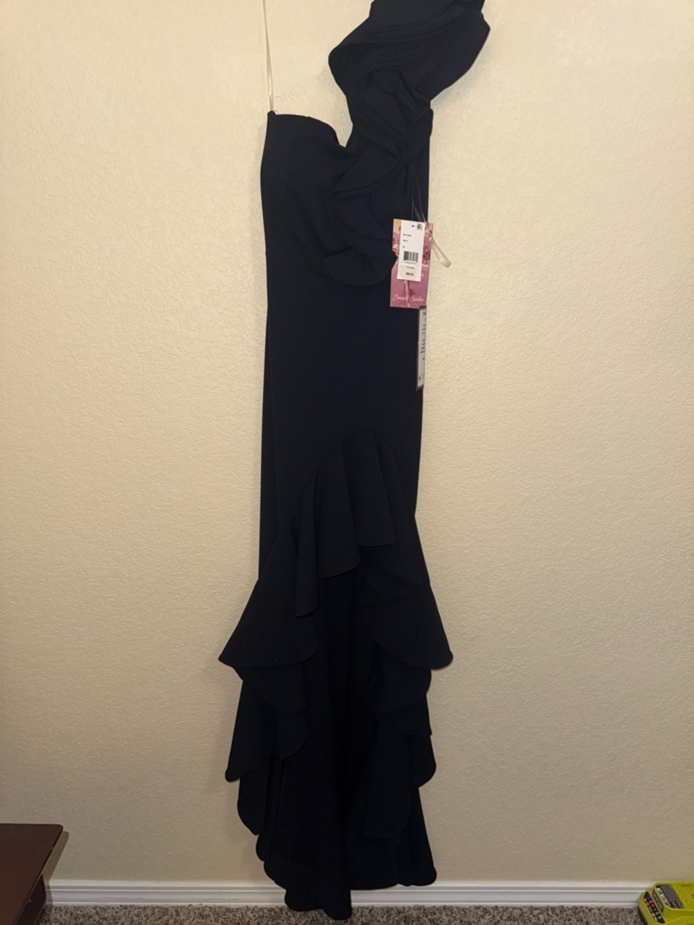 Macy's Navy Blue One-Shoulder Ruffle Column Gown Size XS NWT